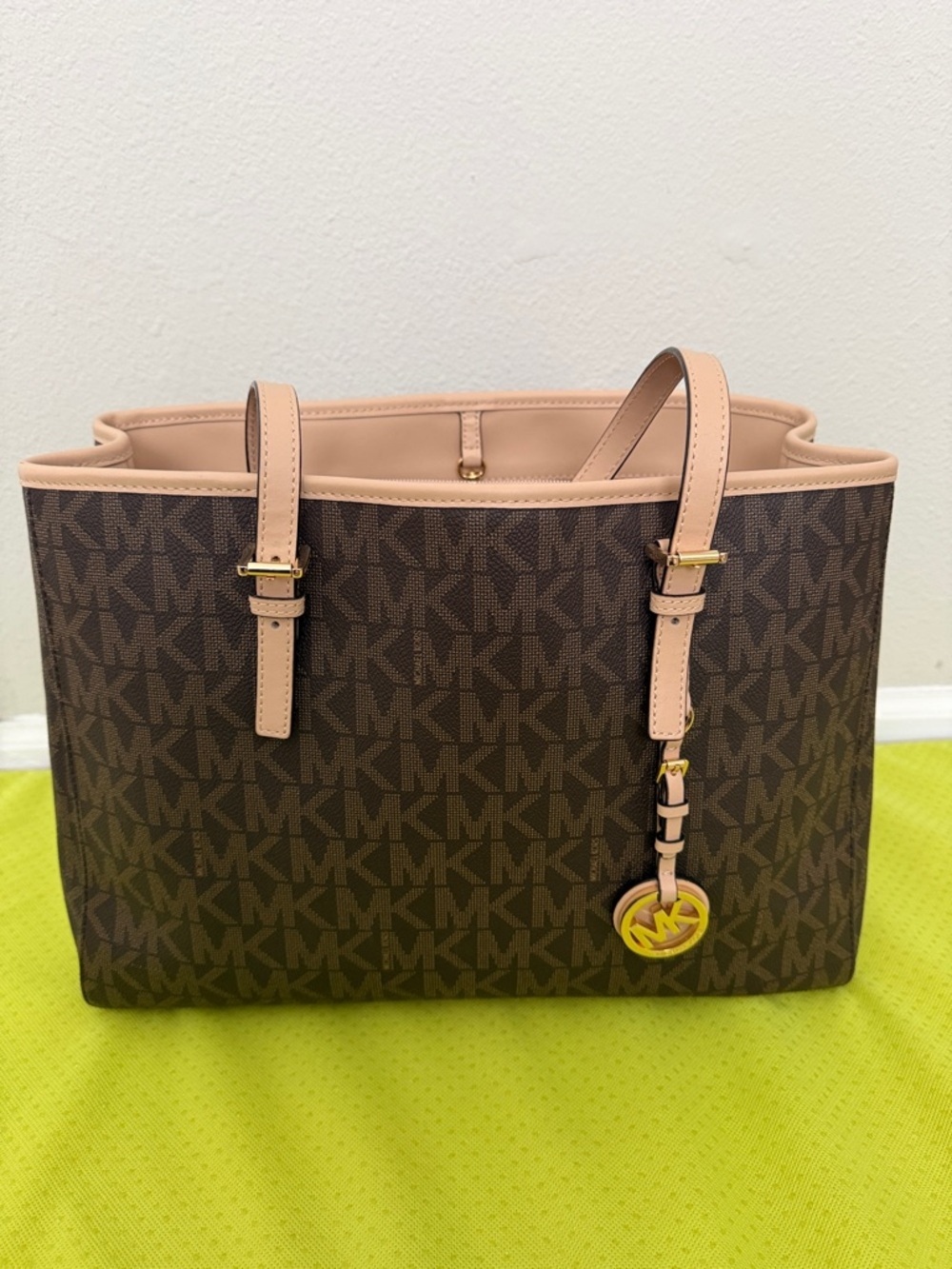 Michael Kors Brown Logo Tote with Pale Pink Trim